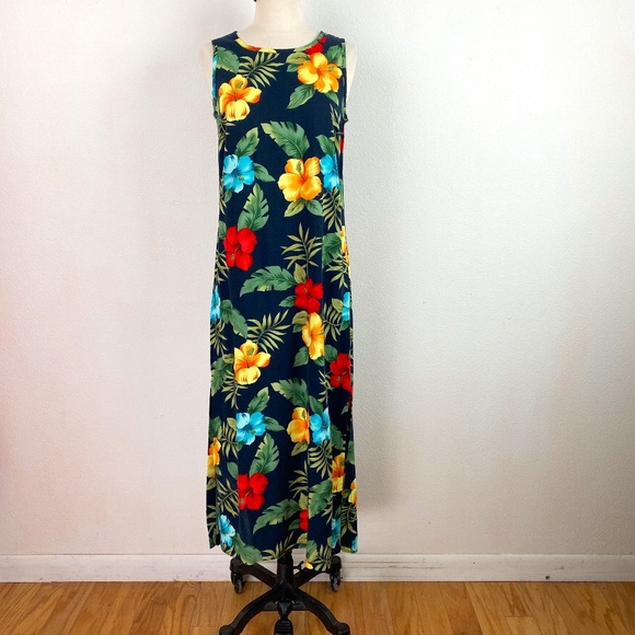 La Cabana Dark Blue Bright Floral Hawaiian Midi Dress Rayon Shift Sleeveless SM - Picture 1 of 10